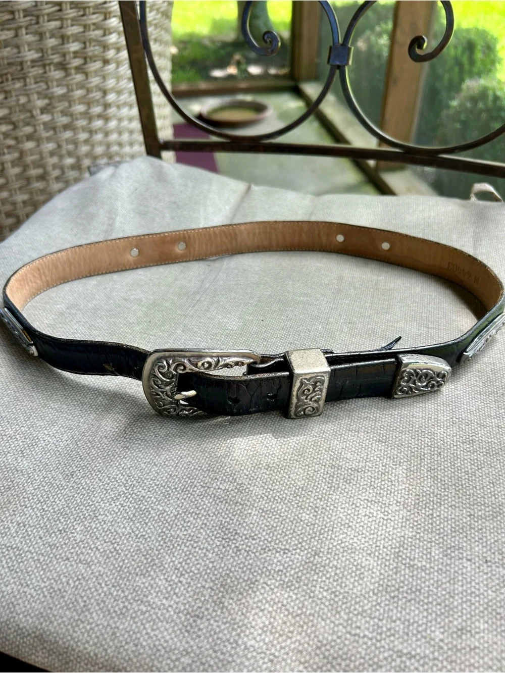 Brighton Vintage Black Leather Western Ranger Belt Silver Engraved Hardware